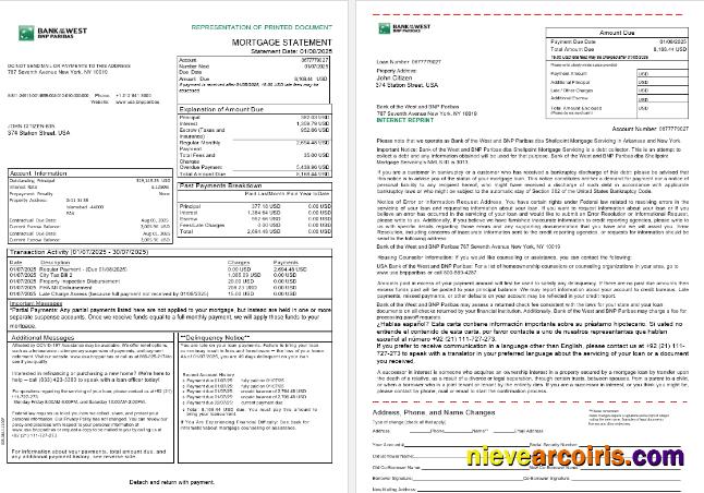 USA South Dakota Bank of the West BNP Paribas bank mortgage statement, 3 pages 1-2